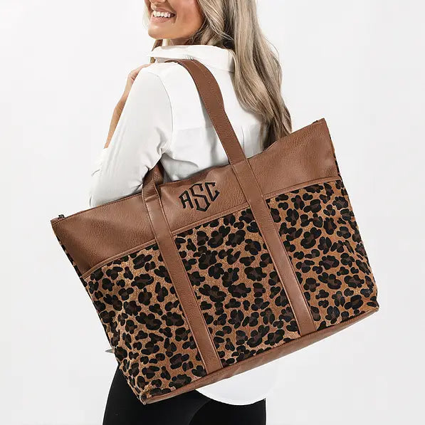 Monogrammed Leopard Pocket Tote