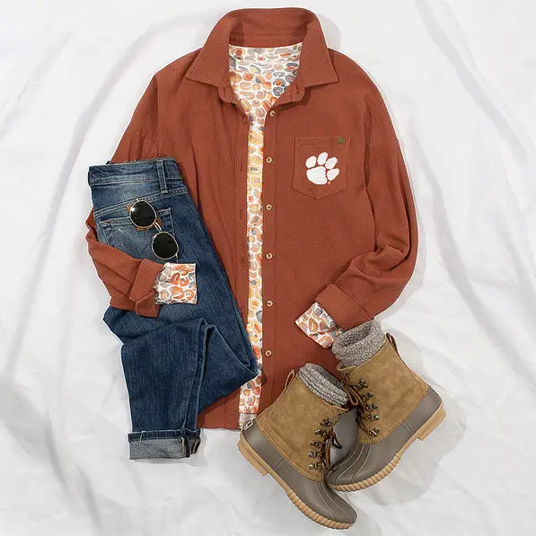 Clemson Tigers Waffle Button Down Shirt in Pumpkin