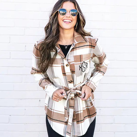 Monogrammed Tie Waist Shirt Jacket