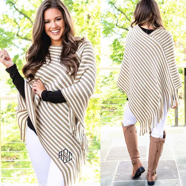 Monogrammed Striped Fringe Poncho