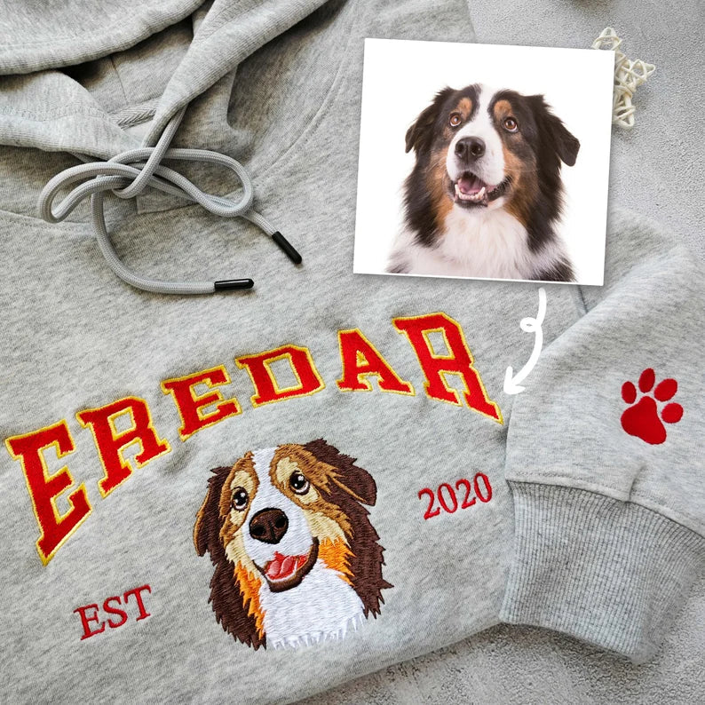 Custom Dog Hoodie Embroidered Dog Name,Personalized Pet Face Sweatshirt from Your Photo, Varsity Style Hoodie,Gifts for Dog Lovers