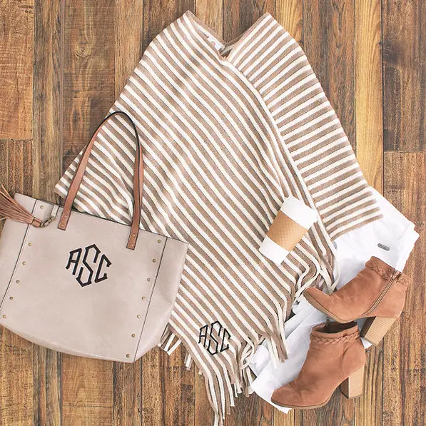 Monogrammed Striped Fringe Poncho