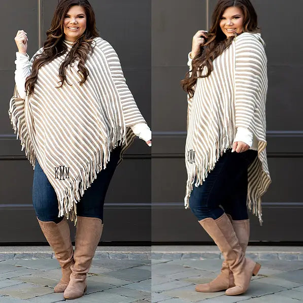 Monogrammed Striped Fringe Poncho