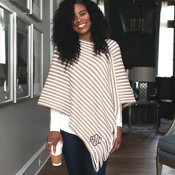 Monogrammed Striped Fringe Poncho