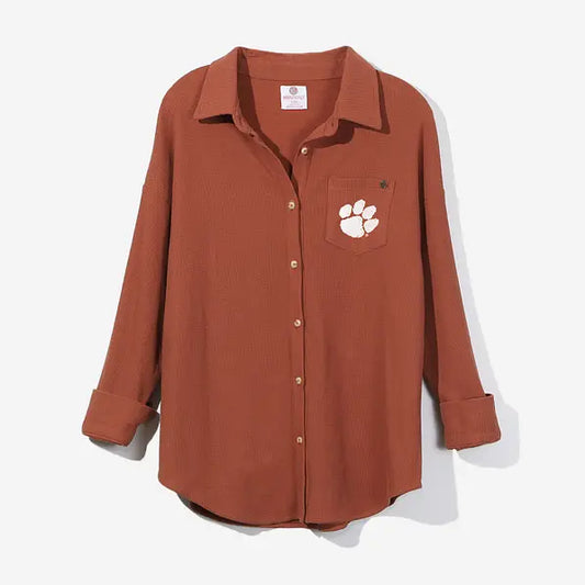 Clemson Tigers Waffle Button Down Shirt in Pumpkin